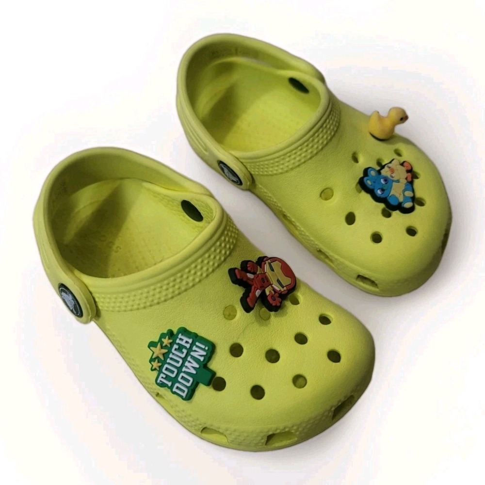 Kids Crocs Classic Clog Neon Yellow Size C8 Toddler Shoes with Jibbitz Charms